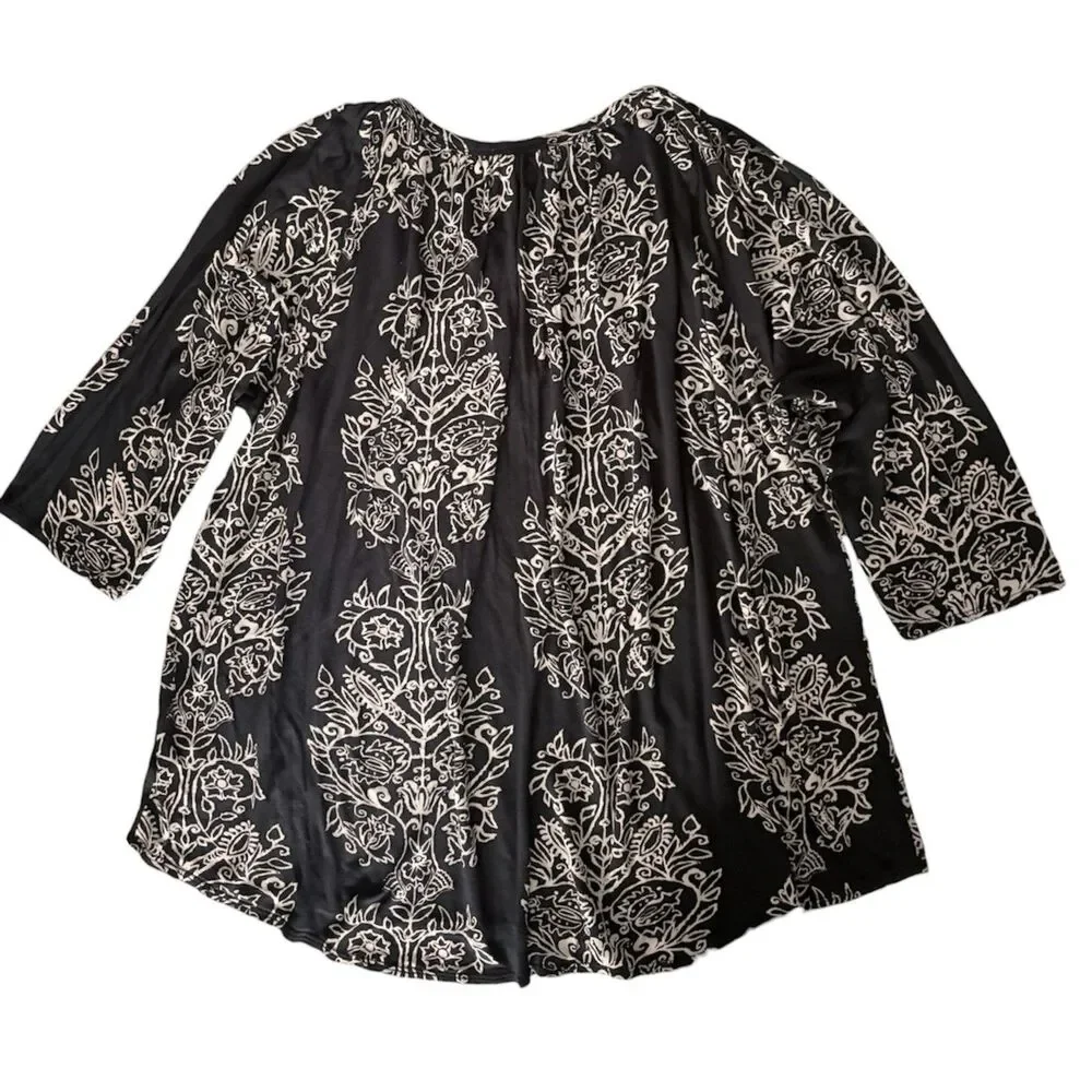 Lucky Brand 3X Black + Tan Damask Floral Peasant Blouse 3/4 Sleeve 100% Viscose